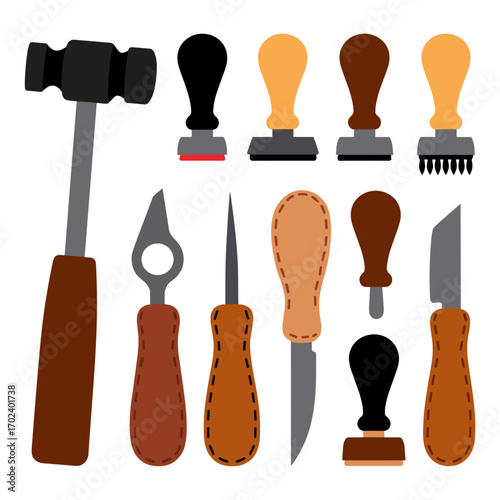 Vector Illustration of Leather Crafting Tools and Stamps for Handmade Goods and Artisanal Projects