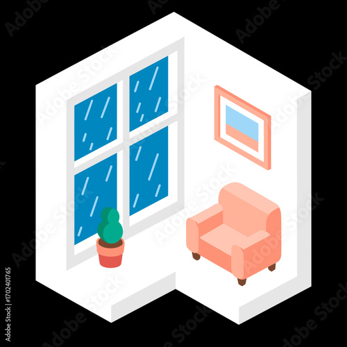Isometric Room Interior with Window, Chair, Plant, and Picture Frame on White Walls, Rainy Weather Illustration