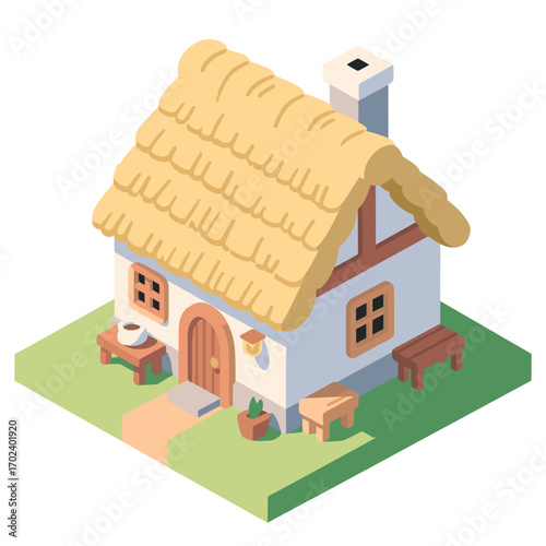 Isometric Illustration of a Quaint Cottage with Thatched Roof and Garden, Cozy Home Design