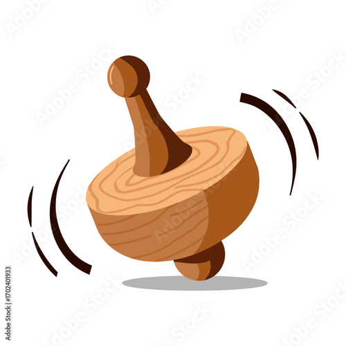 Wooden Spinning Top Toy Illustration with Motion Lines, Classic Childhood Game, Vector Art