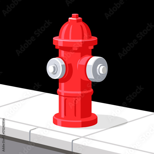 Cartoon Illustration of a Bright Red Fire Hydrant on a Sidewalk Against a Dark Background
