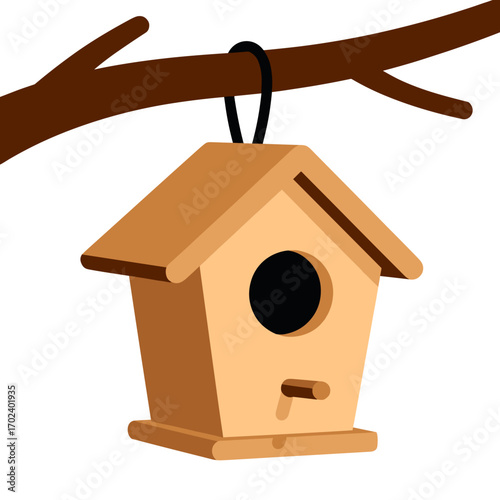Cartoon Birdhouse Hanging from a Branch with Simple Design, Illustration for Children