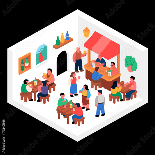 Isometric View of a Lively Tavern Scene with Patrons Enjoying Drinks and Socializing, Vector Illustration
