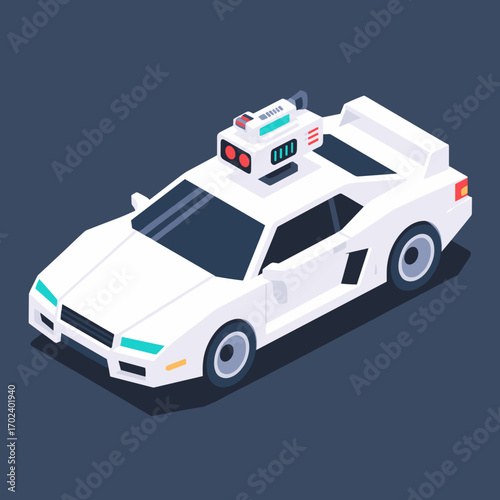 Isometric White Futuristic Car Design with Time Machine Elements, Vector Illustration