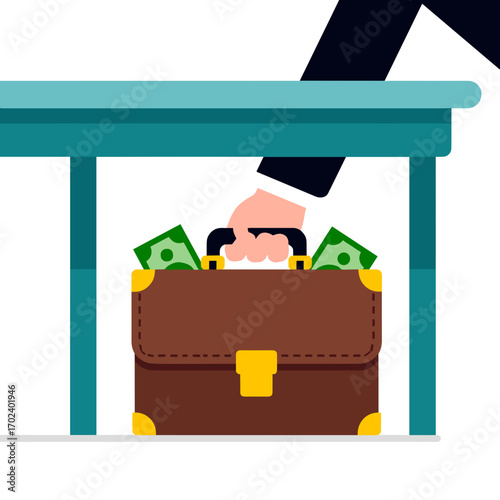 Cartoon Illustration of a Bribery Scene: Hand Placing Money-Filled Briefcase Under the Table