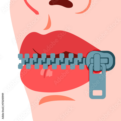 Illustration of a Woman's Mouth with a Zipper Closing the Lips, Symbolizing Silence and Censorship