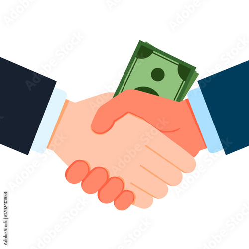 Illustration of a Business Handshake with Money Exchanged, Depicting a Deal or Agreement