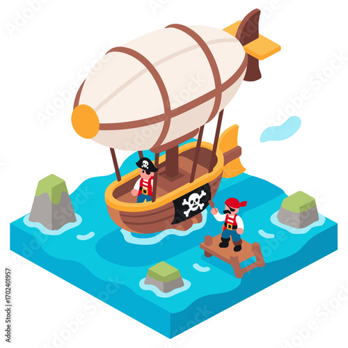 Isometric Pirate Airship Adventure on the Sea with Pirates and Skull Flag Illustration