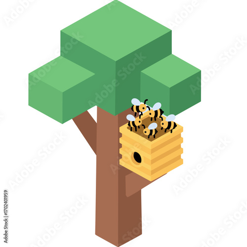 Isometric Illustration of a Beehive with Bees in a Tree, Honey Production Concept