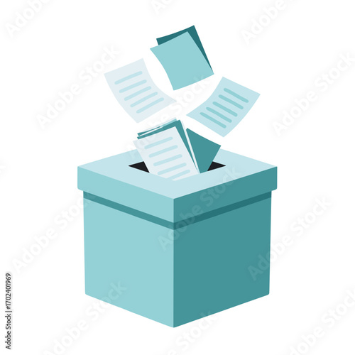 Isometric Illustration of Documents Being Placed into a Light Blue Box, Representing Submission or Proposals