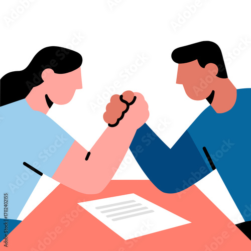Arm Wrestling Competition Between a Woman and a Man Over a Contract on a Table Illustration
