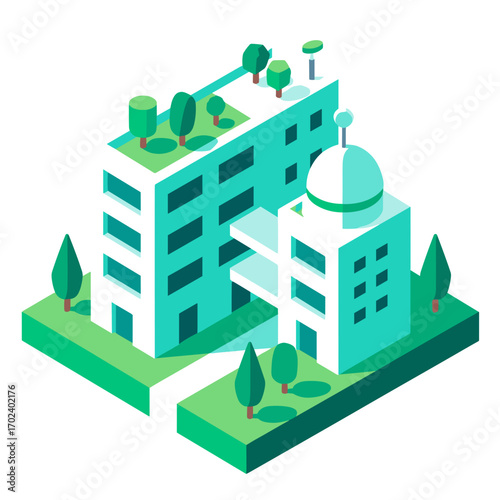 Isometric Cityscape Illustration with Modern Buildings, Green Spaces, and Clean Design for Urban Planning Concepts