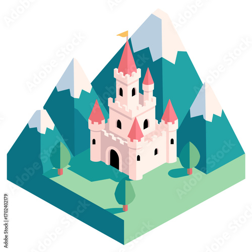 Isometric Castle Illustration with Mountains and Trees, Fantasy Kingdom Landscape Design