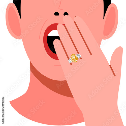 Man Whispering Secret with Hand to Mouth Wearing a Ring, Flat Vector Illustration