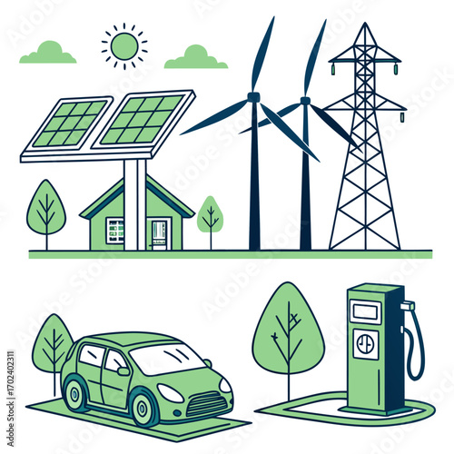 Wind power station with turbines and green energy landscape