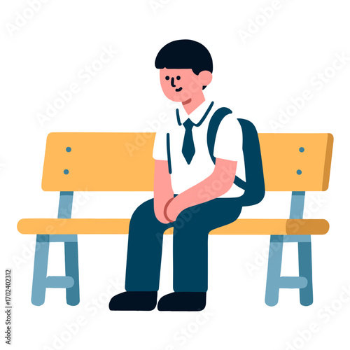 Illustration of a young student sitting alone on a bench, wearing a school uniform and a backpack