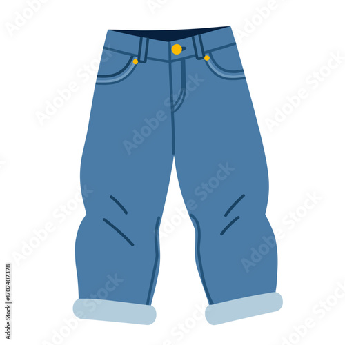 Cartoon Illustration of Blue Denim Jeans with Pockets and Cuffed Hems on White Background