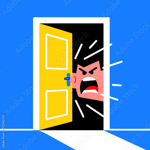 Angry Man Shouting Through a Doorway, Expressing Frustration and Outrage, Cartoon Illustration
