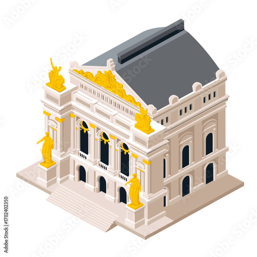 Isometric Illustration of a Grand Opera House with Golden Statues and Ornate Detailing, Architectural Design
