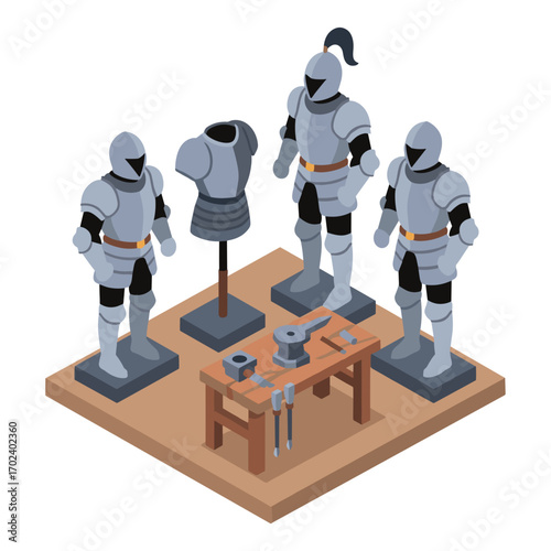 Isometric Illustration of Medieval Knight Armor Displayed with Blacksmith Tools on a Wooden Table