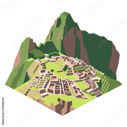 Isometric Illustration of Machu Picchu, Peru, with Green Mountains and Ancient Ruins, a Historic Travel Destination