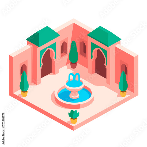 Isometric Illustration of a Moroccan Courtyard with Fountain, Archways, and Lush Greenery, a Peaceful Oasis