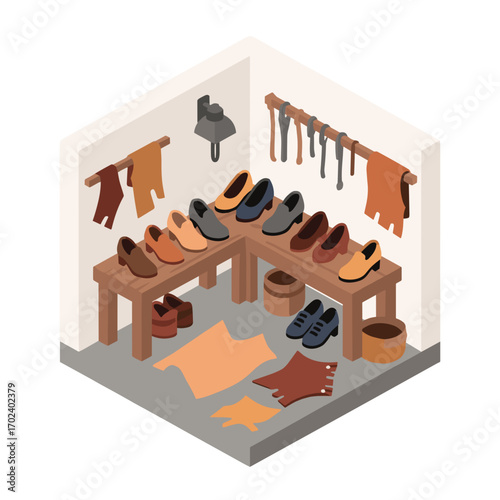 Isometric Illustration of a Cobbler's Workshop with Leather Shoes and Tools, Depicting Traditional Craftsmanship