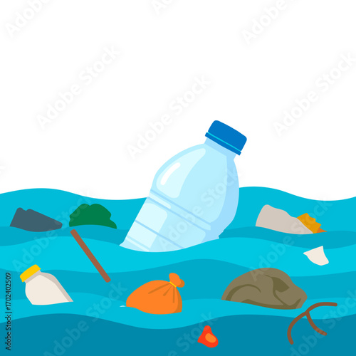 Cartoon Illustration of Plastic Waste and Pollution Floating in the Ocean Water, Environmental Concerns Concept