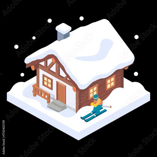 Isometric View of a Cozy Winter Cabin with Snow and a Skier Illustration