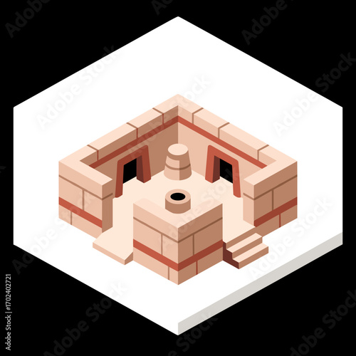 Isometric Desert Temple Illustration with Ancient Architecture and Sandy Stone Blocks, Featuring a Well and Entrance