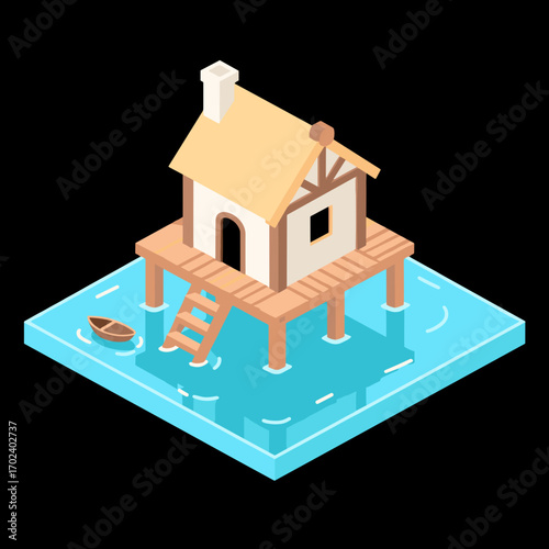 Isometric Illustration of a Cottage on Stilts in Water with a Small Boat, Vector Art