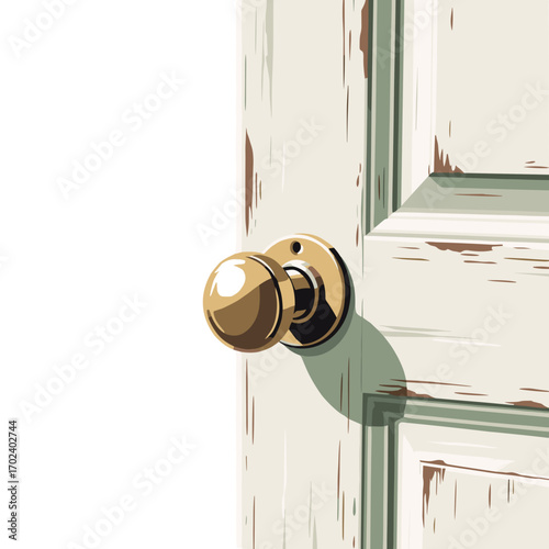 Illustration of a Partially Open White Wooden Door with a Brass Doorknob and Weathered Paint Finish