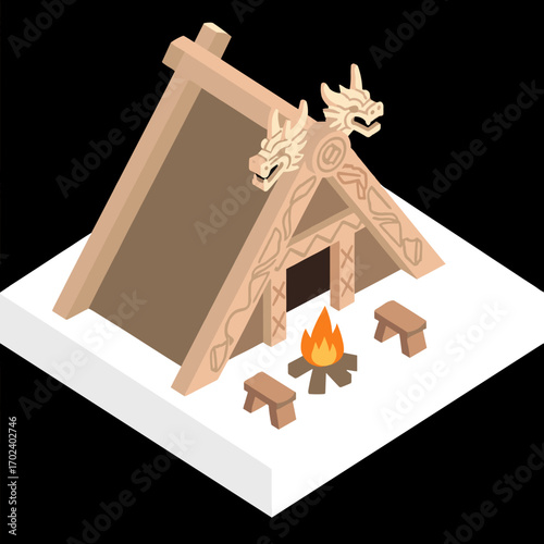 Isometric Viking Tent with Dragon Head Decoration and Campfire Illustration, Scandinavian Culture and History