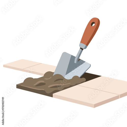 Trowel Applying Mortar on Tiles Illustration for Home Improvement and Construction