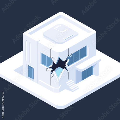 Isometric Damaged Modern House Illustration with Crack in Wall and Broken Window, Indicating Structural Problems