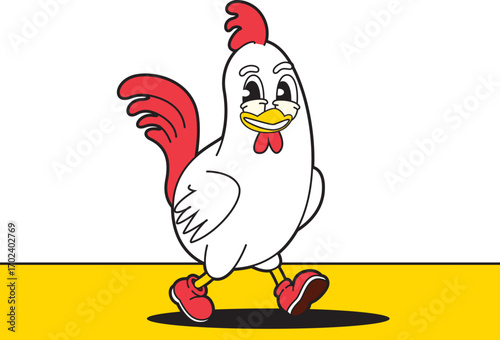 Confident cartoon chicken character walking joyfully in a bright and cheerful setting.