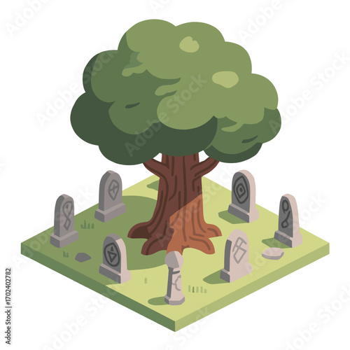 Isometric Illustration of a Tree Surrounded by Gravestones with Runes on a Green Patch of Land
