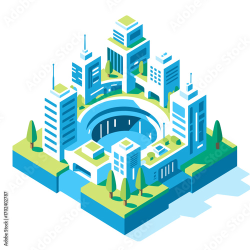 Isometric Cityscape Illustration with Modern Buildings, Green Spaces, and Central Circular Void Design