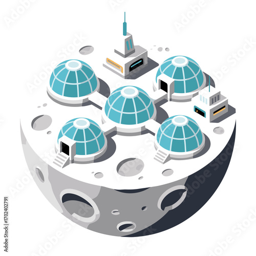 Isometric Illustration of a Lunar Colony with Domes and Structures on the Moon Surface