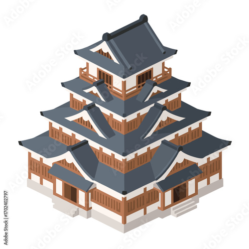 Isometric Illustration of a Traditional Japanese Castle with Multiple Tiers and Intricate Roof Design