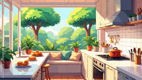 Sunny kitchen with garden view vector illustration serene home ambiance