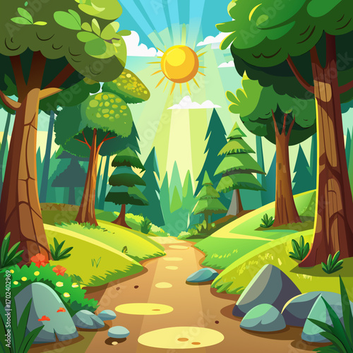 Bright cartoon woodland clearing illustration scalable vector nature scene