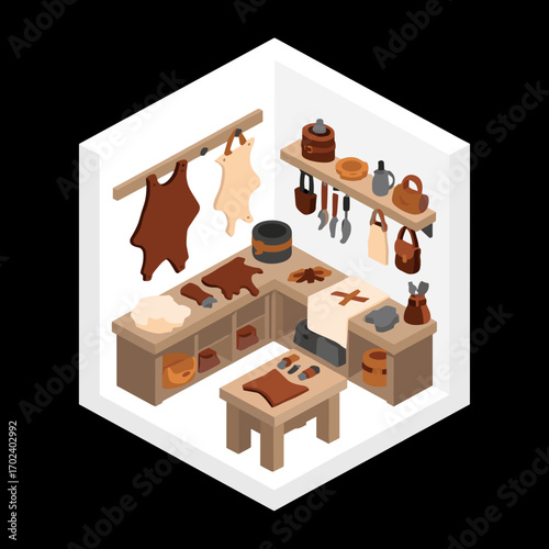 Isometric Leather Workshop Illustration with Tools, Hides, and Finished Leather Goods for Crafts and Commerce