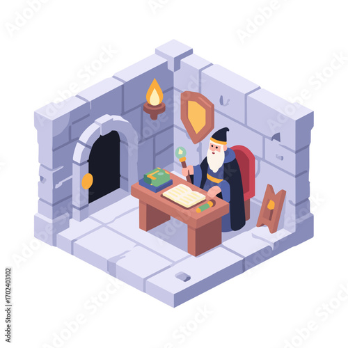 Isometric Illustration of a Wizard in a Stone Room Studying Magic with Books and a Potion