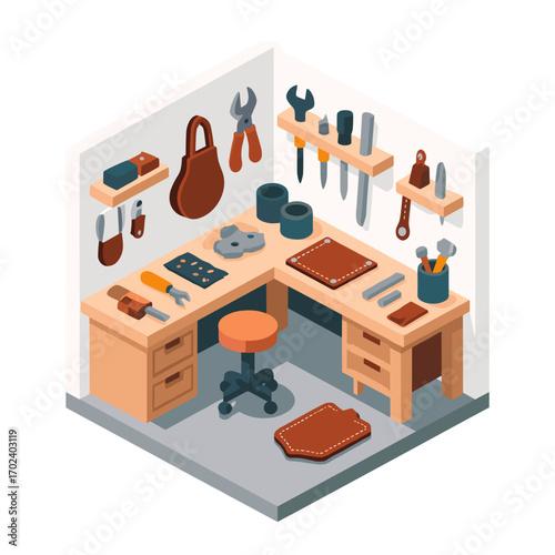Isometric Leather Crafting Workshop with Tools and Materials Illustration in a Well-Organized Space