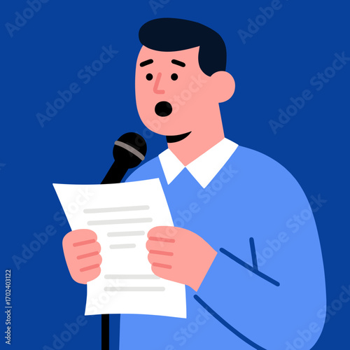 Cartoon Illustration of a Man Giving a Speech or Presentation with Microphone and Paper, Expressing Surprise