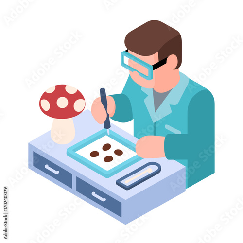 Isometric Illustration of a Scientist Examining Mushroom Samples in a Laboratory Setting