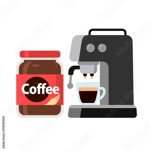 Illustration of Coffee Jar and Espresso Machine Brewing Coffee, Flat Design Style