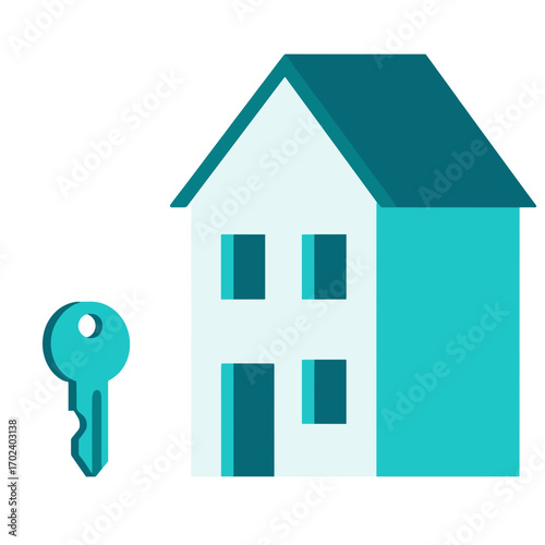 Simple Flat Vector Illustration of a House and Key, Representing Real Estate and Home Ownership