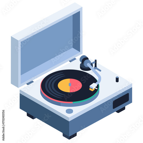 Isometric Turntable with Vinyl Record Illustration for Music and Audio Enthusiasts, a Vintage and Modern Fusion